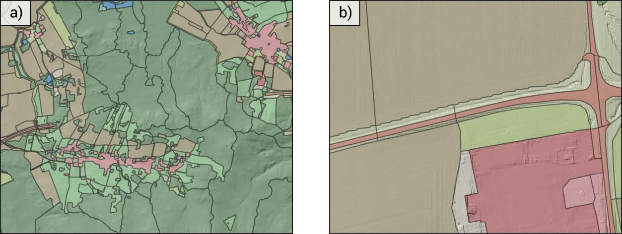 Details of a land object layer. a) shows the division of a large forest (dark green area) into smaller units based on local catchments. b) shows the splitting of long objects e.g. roads into shorter segments based on borders of neighbouring units. (From REF)